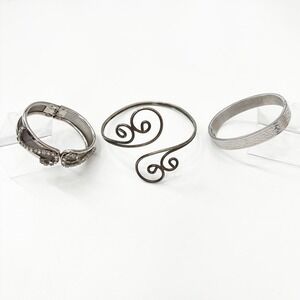 Silver Tone Bracelet Lot 3pc Rhinestone Celtic Pave Hinge Bangle, Swirl Arm Cuff